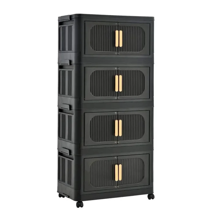 4 Tiers Kitchen Pantry, Folding Storage Cabinet, Collapsible Storage Bins with Magnetic Door and Wheels in Black