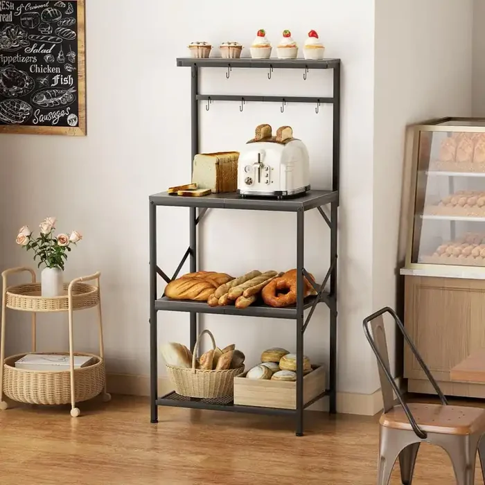 4-Tiers Microwave Stand Station with Adjustable Shelves and 8 Hooks, Small Coffee Bar Cart for Kitchen, Black