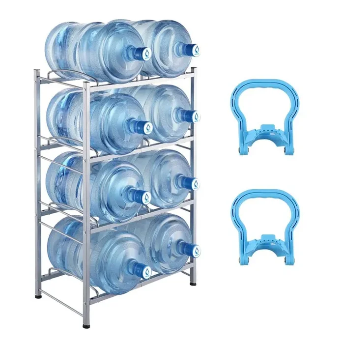4-Tiers Water Jug Holder, 5-Gallon Water Bottle Holder, Double Row Water Bottle Rack for 8-Bottles, Heavy Duty, Silver