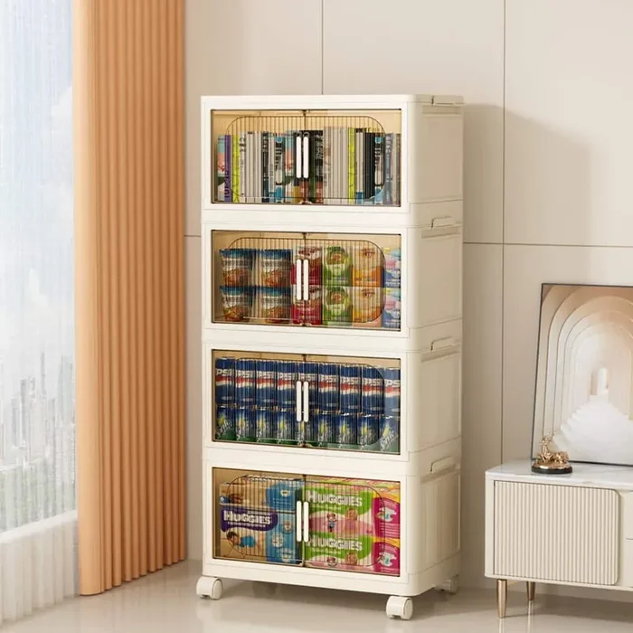 40.5 in. 4-Shelf Cream White Folding Kitchen Pantry Cabinet on Wheel
