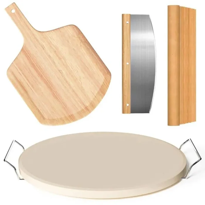 5-Piece 13 in. Round Pizza Stone Set with Pizza Peel, Serving Rack, Pizza Cutter and 10-Piece Cooking Paper