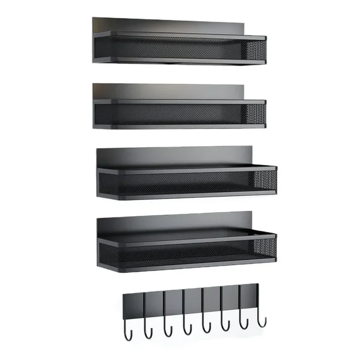 5-Piece Black Magnetic Spice Rack with 8-Hook Rack, Moveable Magnetic Fridge Organizer