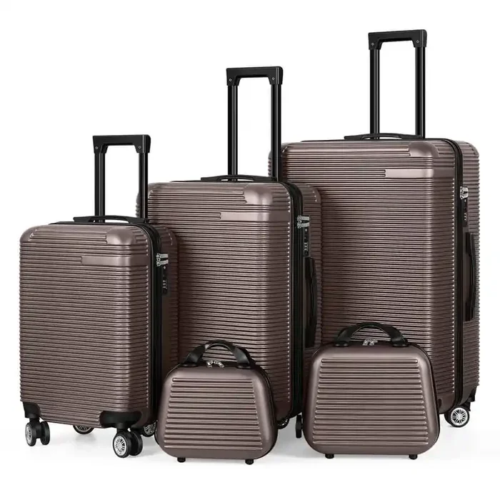5-Piece Carry On Horizontal Stripe Luggage Set with Spinner Wheels Brown