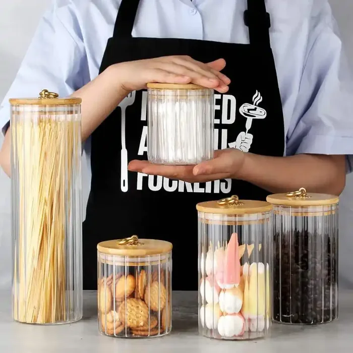 5-Piece Glass Storage Jars Decorative Coffee Bar Container with Airtight Bamboo Lid Metal Ring for Home Kitchen