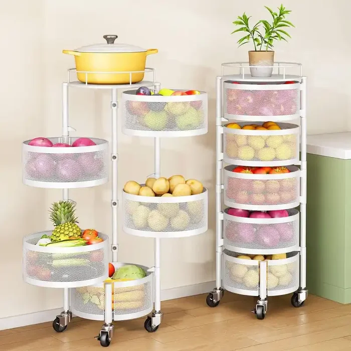 5-Tier Fruit and Vegetable Basket Bowls for Kitchen with Metal Top Lid, Rotating Storage Rack Cart on Wheels in White