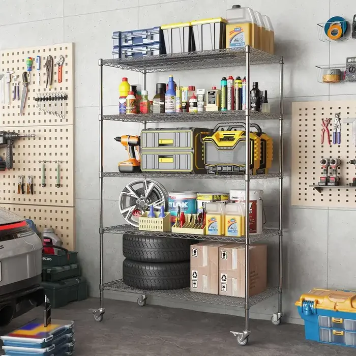 5 Tier Heavy Duty Adjustable Kitchen Shelving Unit, Wire Storage Shelves with Wheels for Garage Closet Laundry, Silver