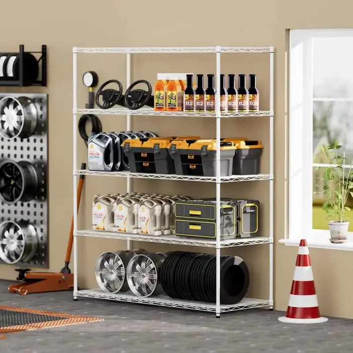 5-Tier Heavy-Duty Adjustable Shelving and Racking, 300 lbs. Per Wire Shelf With Wheels and Shelf Liners in White