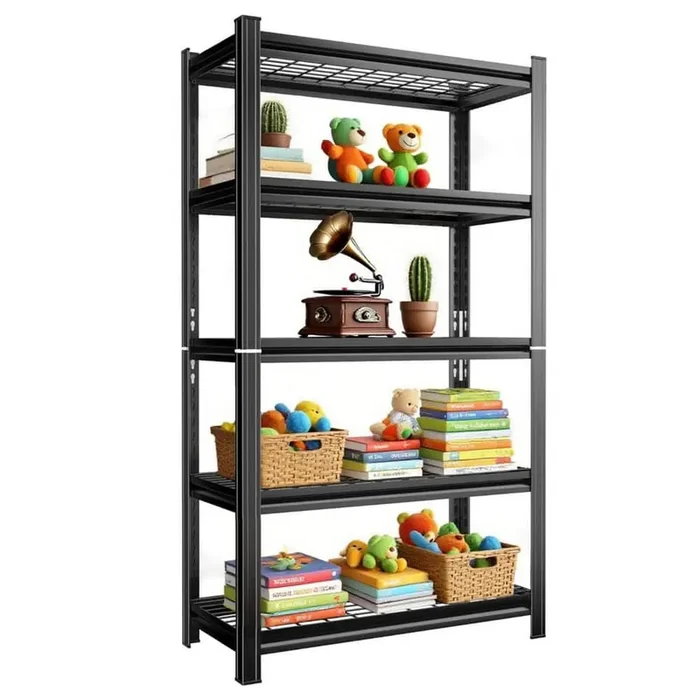 5-Tier Metal Storage Rack, Adjustable Height Storage Rack, 2000 lbs. Load For Garages, Kitchens, Supermarkets in Black