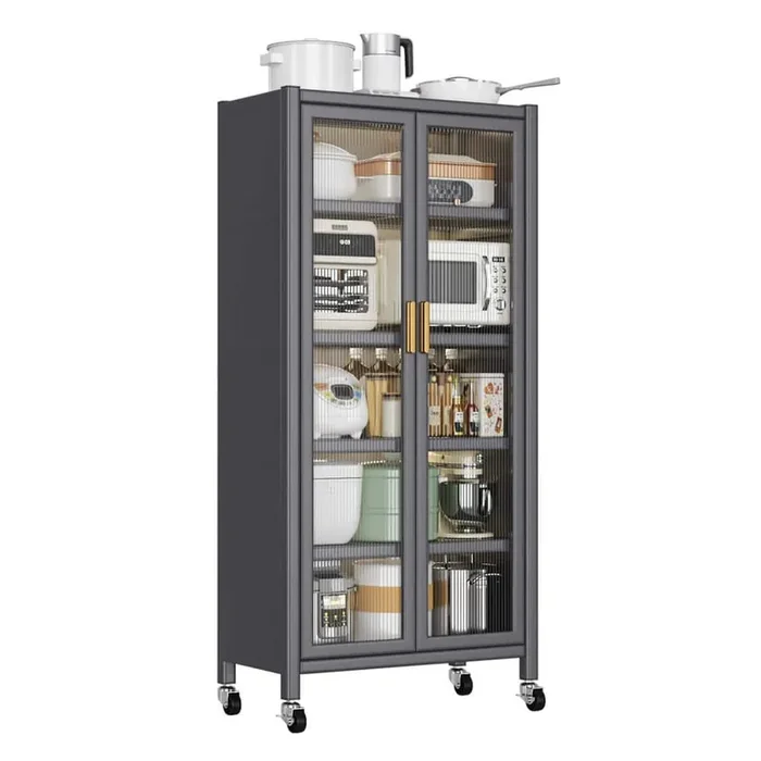 5-Tier Open Door Black Metal Kitchen Shelf with Alloy Universal Wheels