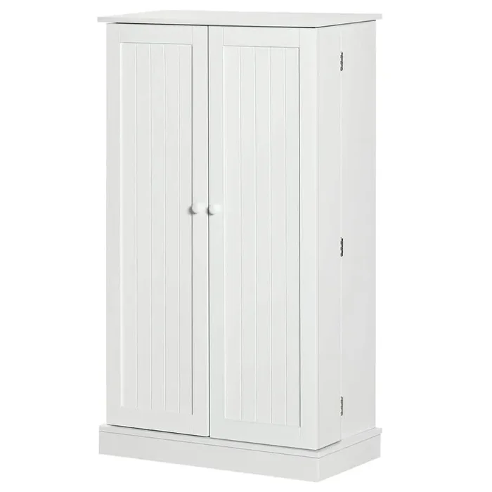 5-Tier White Wood Pantry Cabinet Freestanding Kitchen Storage Cupboard with 2 Doors and Adjustable Shelves