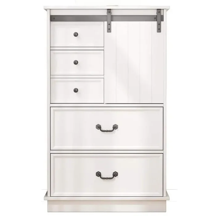 51.2‘‘H Farmhouse Kitchen Pantry, Drawer Chest with Sliding Door, Multi-Storage Dresser with 5 Drawers in White