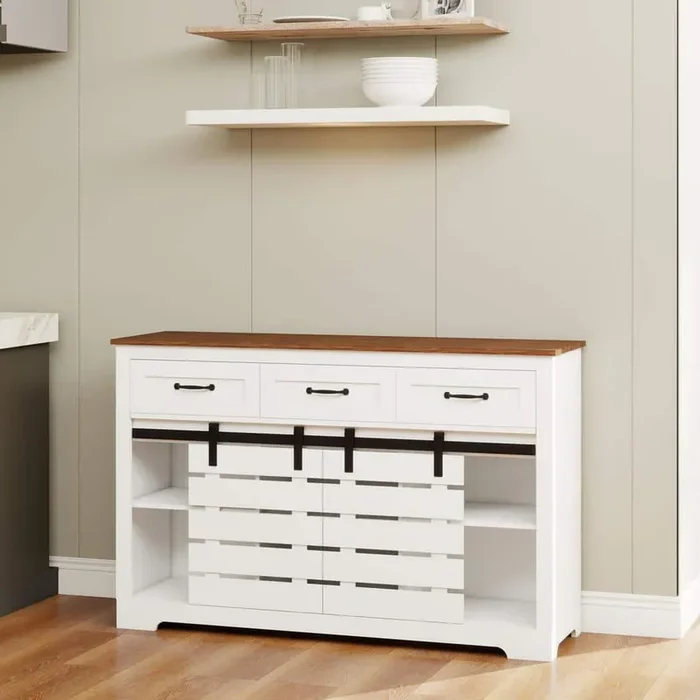53 in. Farmhouse Sideboard Buffet Storage Cabinet with 3 Drawers, 2 Sliding Barn Doors, 2 Adjustable Shelves in White