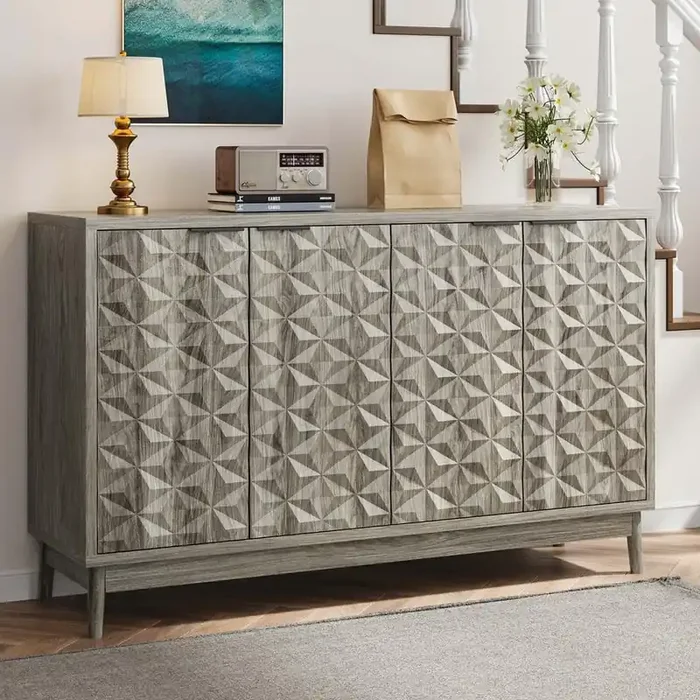 55.12 in. Wood Pantry Organizer with Storage, 4 Diamond-shaped relief Doors in Gray