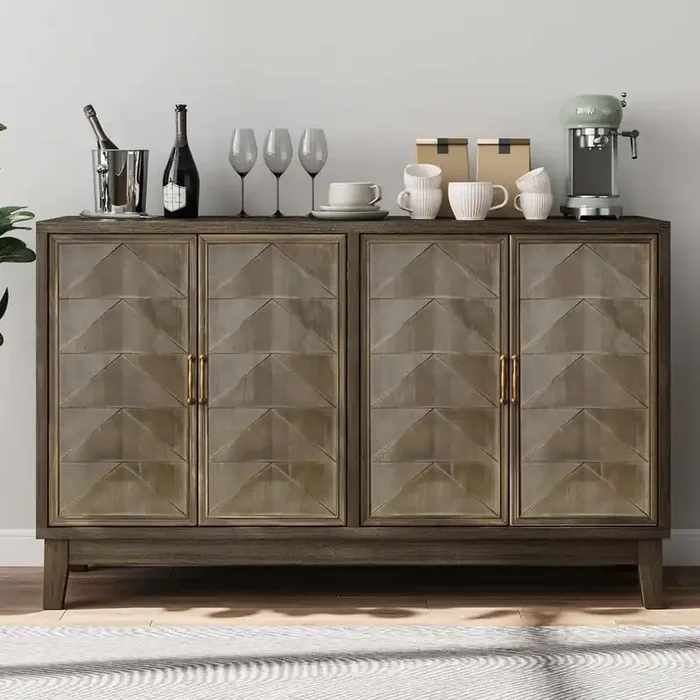 55.12 in. Wood Pantry Organizer with Storage, 4 Doors, Storage Console Table in Brown