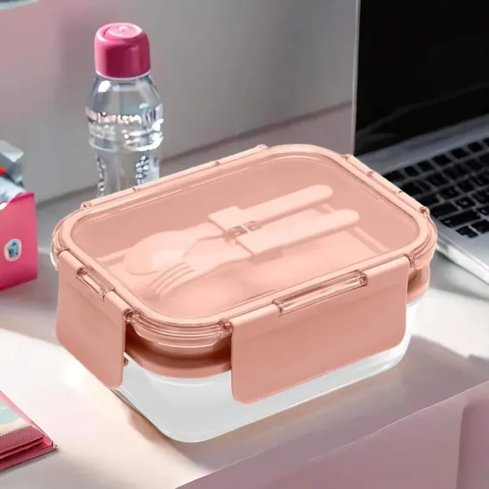58.5 oz. Premium 4-in-1 Double-Layer Glass Bento Lunch Box With Utensils in Pink 2-Pack
