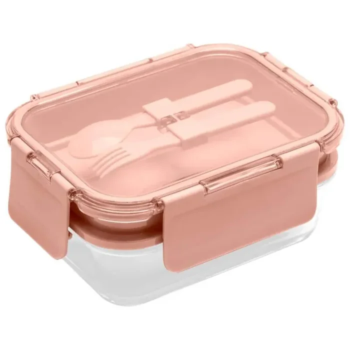 58.5 Oz. Premium 4-In-1 Double-Layer Glass Bento Lunch Box with Utensils in Pink 4-Pack
