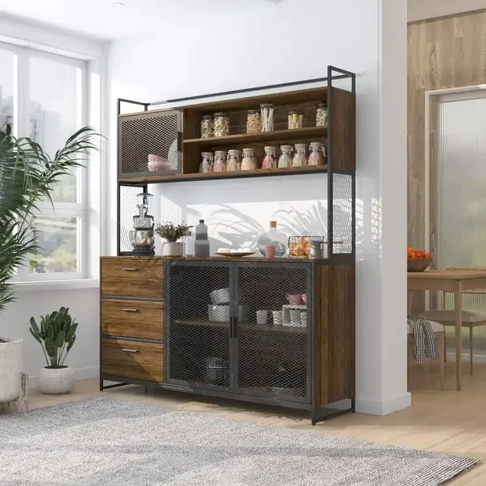 59 in. W Brown Large Kitchen Pantry Organizers Cabinet Buffet with 3-Drawers, 6 Shelves and Metal Mesh Doors