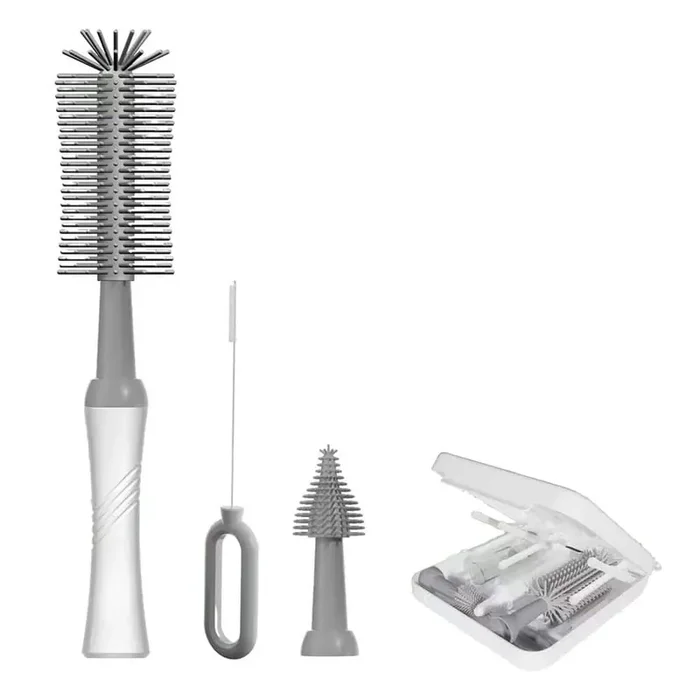 6.69 in. Bottle Cleaning Brush Set with Silicone Nipple Straw Soap Dispenser Drying Rack Storage Gray