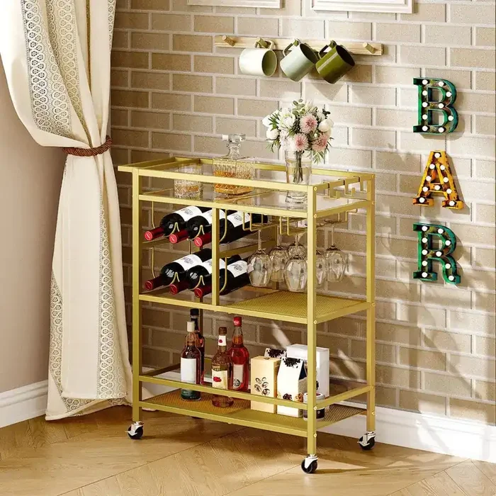 6 -Bottle Gold 24.8 in. W 3-Tier Bar Cart with Wheels and Handle, Beverage Cart with Wine Rack and Glass Holders