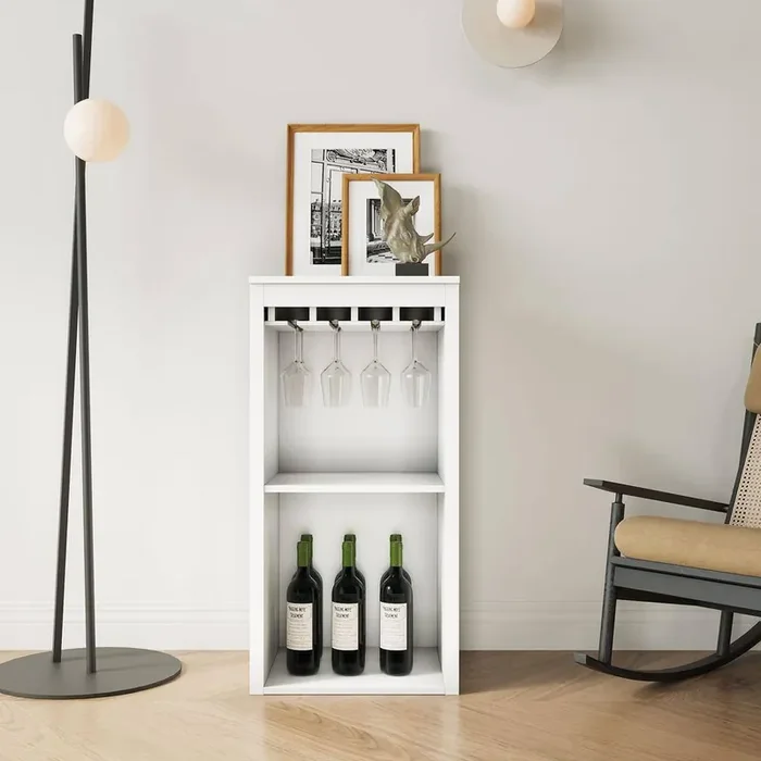 6-Bottle White MDF Freestanding Wine Rack with Glass Holders