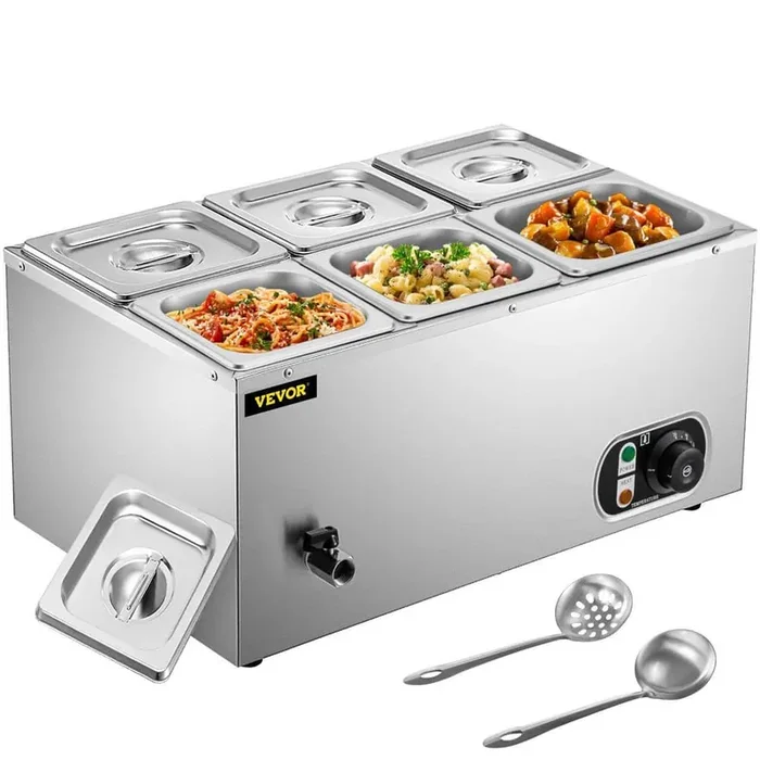 6 in. Deep Commercial Food Warmer 6 x 1/6GN 6-Pan Stainless Steel Bain Marie Steam Table 12.6 Qt. Capacity 1500-Watt