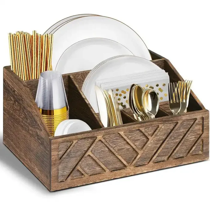 6 in. H x 13 in. W x 9.3 in. D Brown Wood Paper Plate Dispenser, Flatware Organizer Box for Kitchen Counter