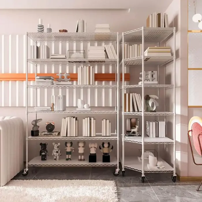 6 layers pentagonal metal shelves with wheels for kitchen storage items, 27in.L*27in.W*82in.H-White