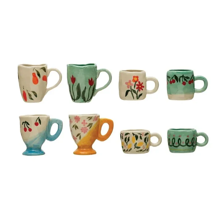 6 oz. Multicolor Stoneware Espresso Cups/Child‘s Mug with Painted Designs (Set of 8)