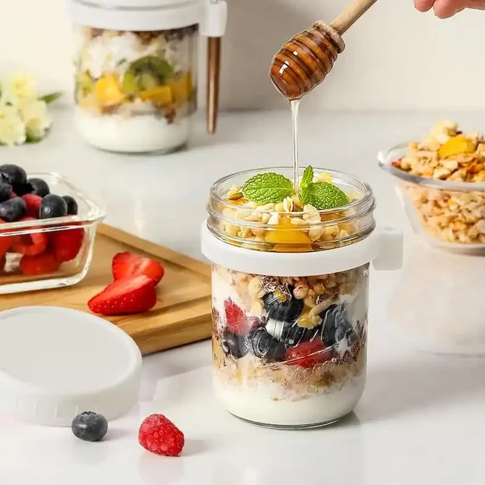 6 Pack Overnight Oats Containers with Lids and Spoons, 16 oz. Glass Mason Overnight Oats Jars in White