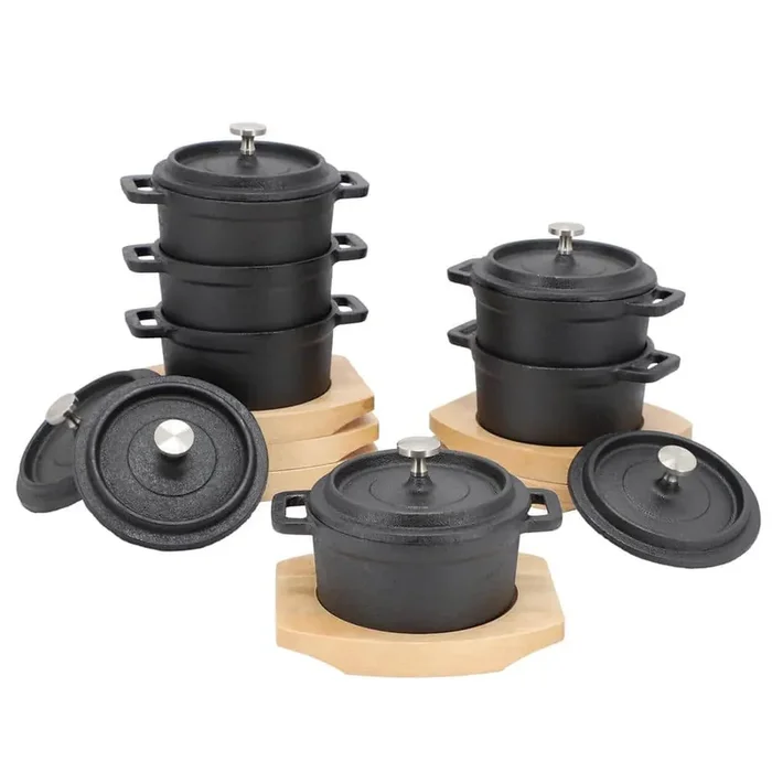 6 Piece Cast Iron 0.25 qt. 8 Ounce Mini Dutch Oven with Wood Tray