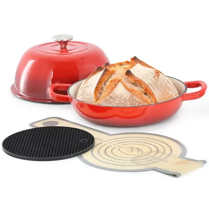 6 qt. Enameled Cast Iron Bread Pot in Red with Baking Mat