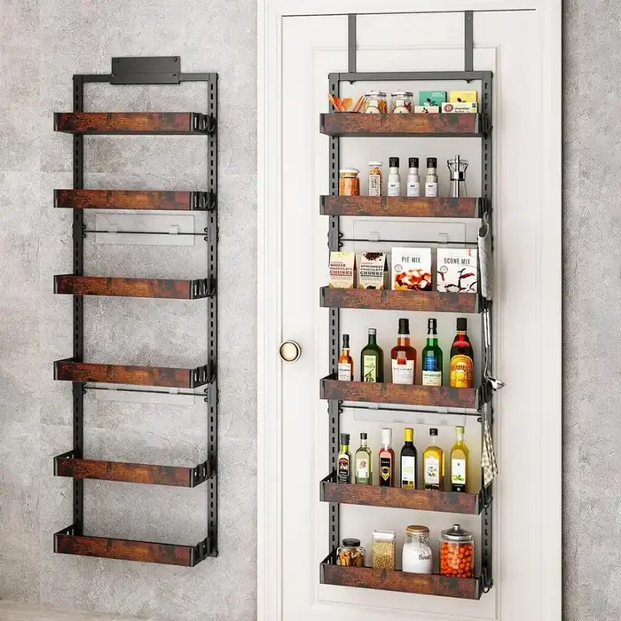 6-Shelf Black and Brown Over the Door Pantry Organizer, Metal Hanging Spice Rack with Wooden Basket