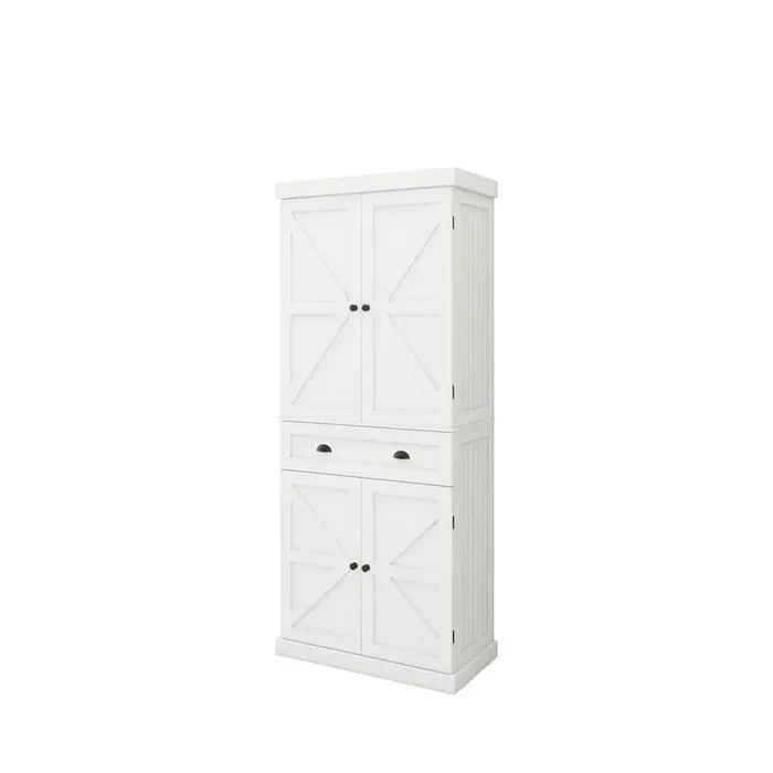 6-Shelf White Wood Pantry Organizer with Four Doors and a Drawer