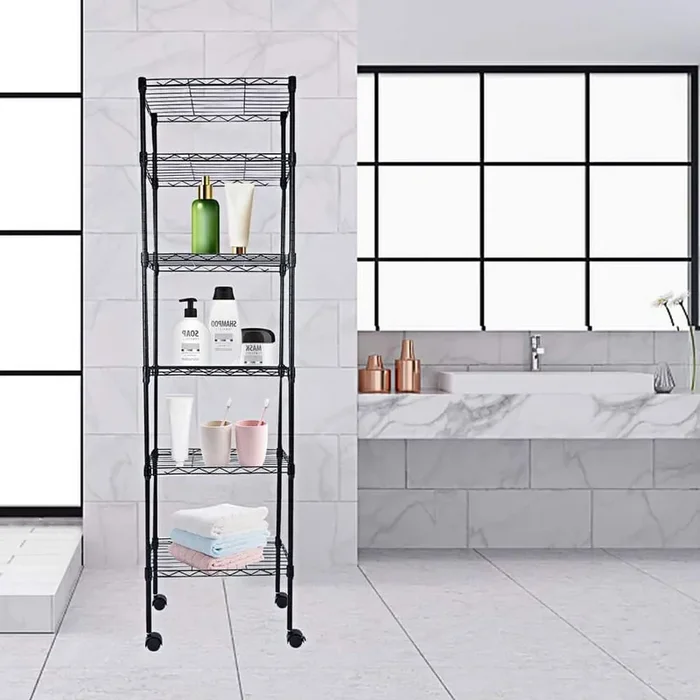 6 Tier Heavy Duty Shelving with Wheels and Hanging Hooks, Wire Shelving, Adjustable Storage Units-Black