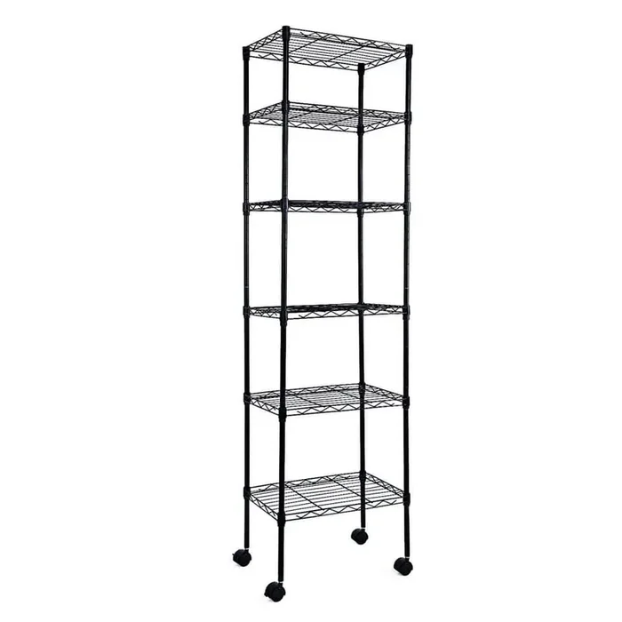 6 Tier Heavy Duty Shelving with Wheels and Hanging Hooks, Wire Shelving, Adjustable Storage Units-Black