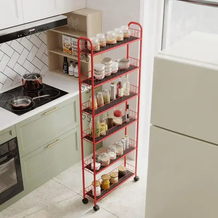 6-Tier Red Metal Slim Kitchen Cart, Slide Out Storage Tower Utility Cart with Wheels-22 in. W x 6 in. D x 61 in. H