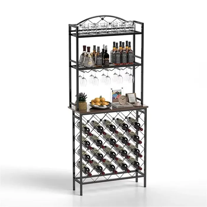 60-Bottle Black Metal Tabletop Freestanding Floor Wine Rack, Tall Wine Holder with Wine Glass Holder Storage Shelves