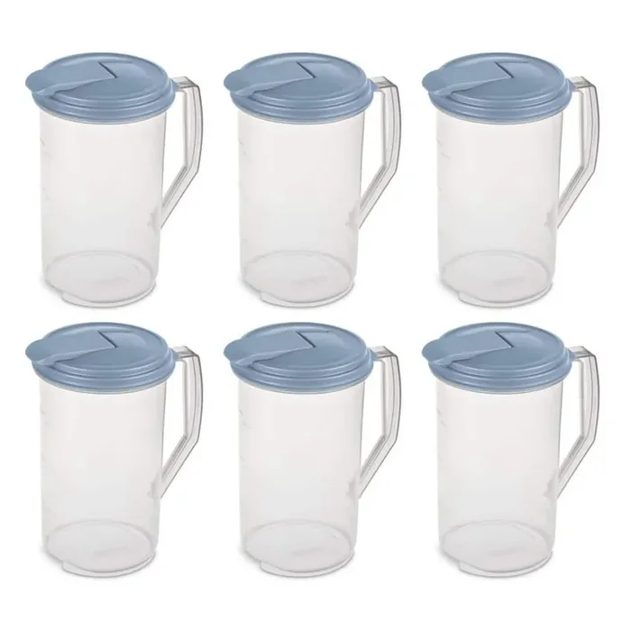 64 fl. oz. Clear Plastic Pitcher with Washed Blue Leak-Proof Lid