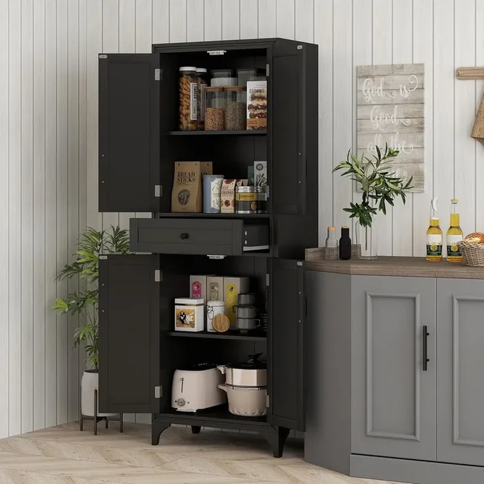 67 in. Freestanding Kitchen Pantry Storage Cabinet with Doors and Shelf Adjustability, Kitchen Shelving Furniture, Black
