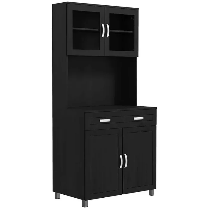 67 in. Modern Kitchen Pantry Organizer, Freestanding Storage Cabinet with Framed Glass Doors and Drawers, Black