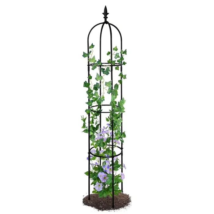 69.7″ Garden Obelisk Trellis – Black Plastic-Coated Steel Plant Support with Sword Top Finial, Adjustable Height for Climbing Plants, Roses & Vines