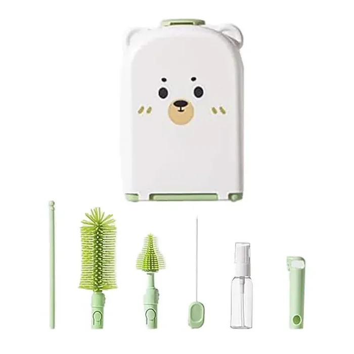 7.09in. Baby Bottle Cleaning Brush Kit 6 in 1 with Silicone Brushes Drying Rack Soap Dispenser Travel Green