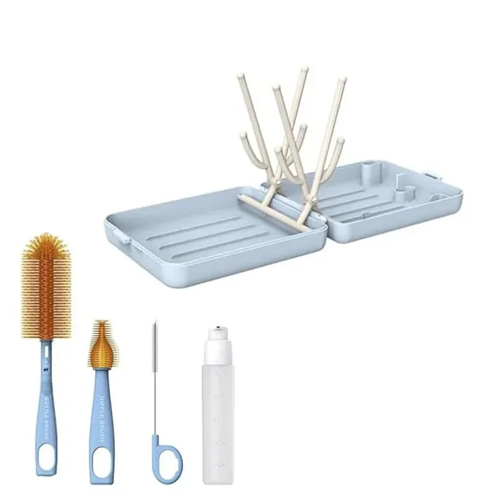 7.09in. Travel Bottle Cleaner Kit with Silicone Brush Nipple Straw Soap Dispenser Drying Rack White