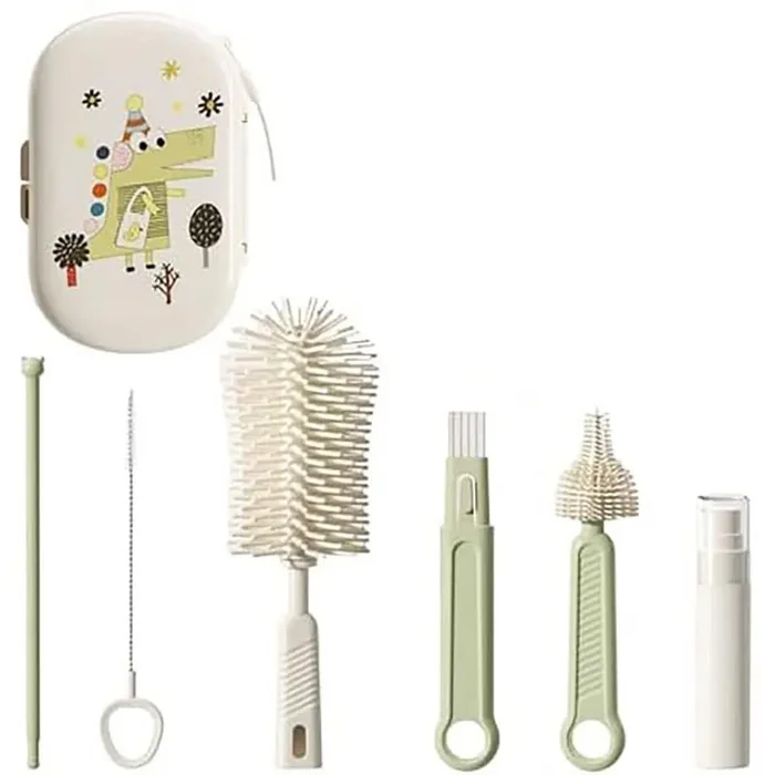 7-in-1 Baby Bottle Cleaning Brush Set with Silicone Brush Nipple Straw Cleaner Drying Rack Green Travel Kit