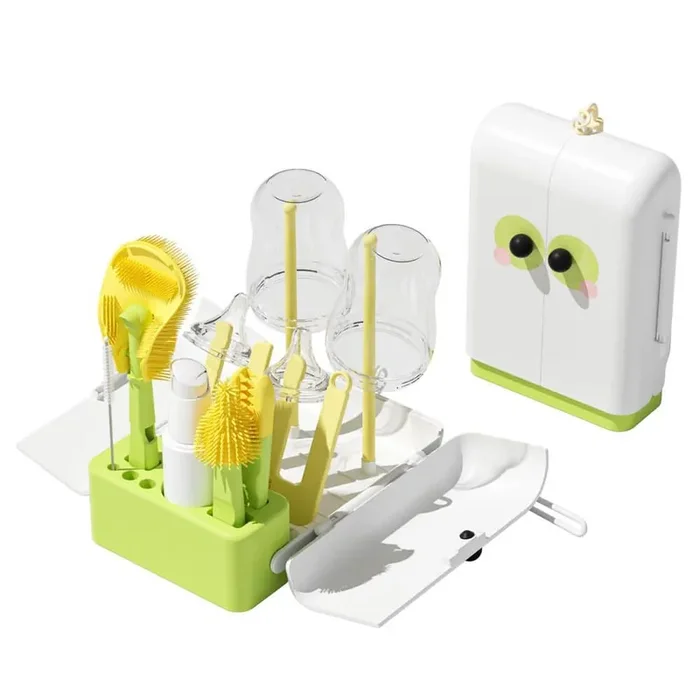 7 in. Bottle Brush Cleaning Tool Set with Drying Rack Silicone Bottle and Nipple Brush Green 7-Pack