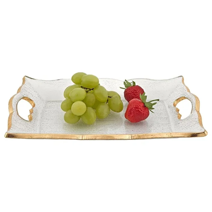 7 in. x 11 in. Gold Hand Decorated Leaf Scalloped Edge Vanity or Snack Tray With Cut Out Handles