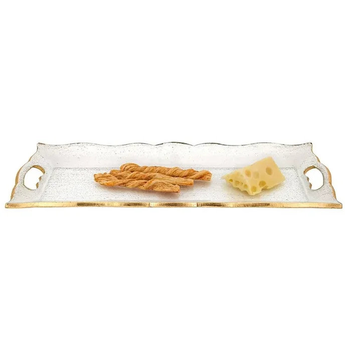 7 in. x 20 in. Gold Hand Decorated Leaf Scalloped Edge Tray With Cut Out Handles