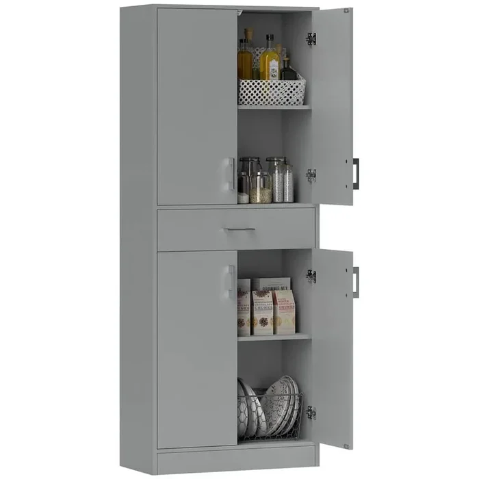 70.75″ Kitchen Pantry Cabinet w/ Drawer, Freestanding Tall Storage Cabinet w/ 2 Double Door Cupboards, Gray