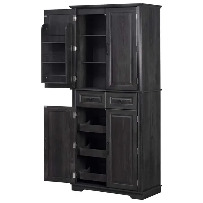 71.2 in. Tall Black Kitchen Pantry Cabinet Sideboard with 3 Pull Out Cabinet Organizers, 6 Door Shelves, 2 Drawers
