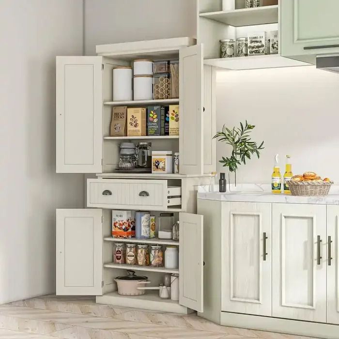 72 in. Traditional Freestanding Kitchen Pantry Cabinet Cupboard with Doors and 3 Adjustable Shelves, Cream White